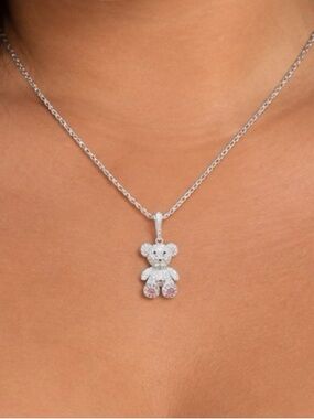 Sterling Silver Teddy Bear Pendant Necklace - moissanite
